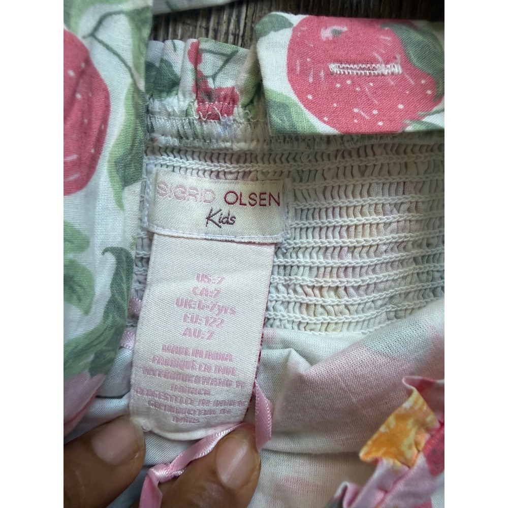 Sigrid Olsen Kids Floral Strawberry Halter Dress Size 7 Pink Green Pom Pom Trim - Picture 3 of 8